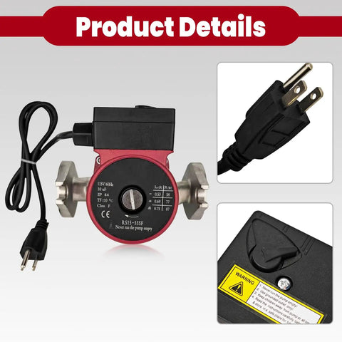 Stainless Steel Hot Water Circulator Pump Replacement for UPS15-55SFC 59896773 showing three-speed control and power cord.