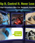 Image showing a tracking device clipped to a backpack, bicycle handle, keychain, strap, and car interior for versatile use.