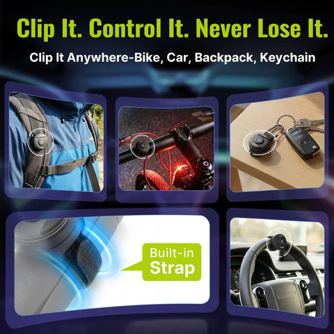 Image showing a tracking device clipped to a backpack, bicycle handle, keychain, strap, and car interior for versatile use.