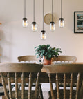 Five Light Mason Jar Chandelier With Rustic Glass Shades For Kitchen Island And Dining Room Linear Cluster Pendant Light Fixture For Farmhouse Cafe Bar Adjustable Hanging Chains over dining table