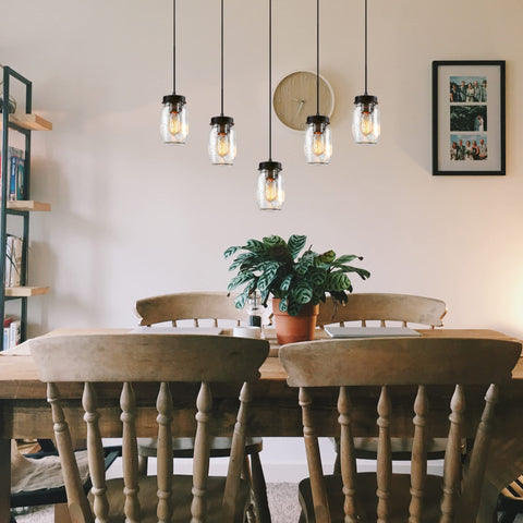 Five Light Mason Jar Chandelier With Rustic Glass Shades For Kitchen Island And Dining Room Linear Cluster Pendant Light Fixture For Farmhouse Cafe Bar Adjustable Hanging Chains over dining table