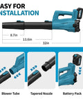 Cordless Leaf Blower 21V with Two 4.0Ah Batteries and Fast Charger, showing installation of blower tube and battery pack