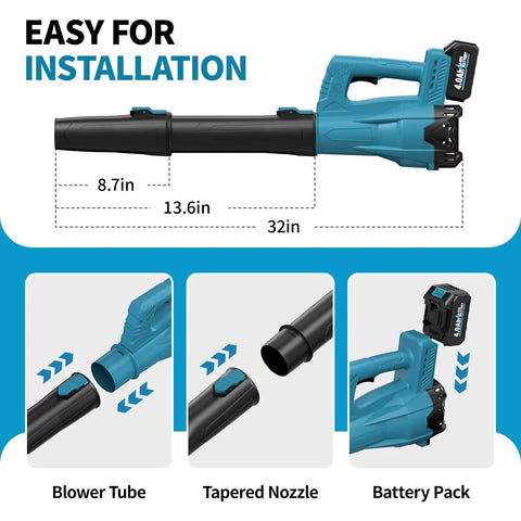 Cordless Leaf Blower 21V with Two 4.0Ah Batteries and Fast Charger, showing installation of blower tube and battery pack