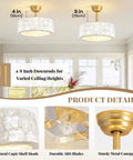 17.7Inch Shell Fandelier Ceiling Fan with Light,Boho Caged Chandelier Fan showing natural Capiz shell shade and adjustable downrods.