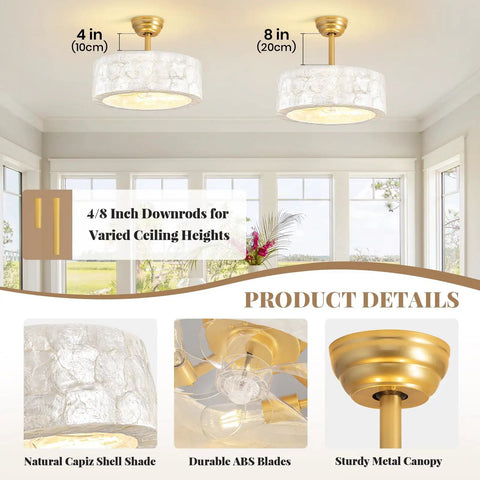 17.7Inch Shell Fandelier Ceiling Fan with Light,Boho Caged Chandelier Fan showing natural Capiz shell shade and adjustable downrods.