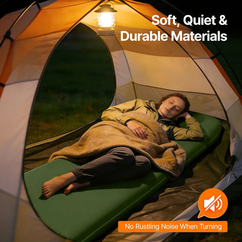 Person sleeping in tent on Self Inflating Sleeping Pad With Built In Foot Pump 3 Inch Foam Memory Hybrid Mattress For All Sleep Positions