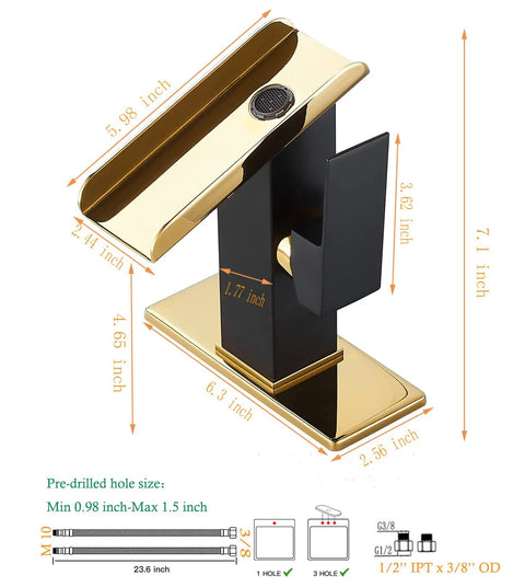 Super Dope Black And Gold Brass Single Handle Rgb Led Waterfall Bathroom Faucet dimensions and diagram