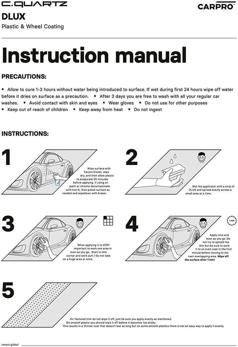 CARPRO CQUARTZ DLUX wheel and trim coating instruction manual cover with logos