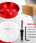 Doaho 6-1/4 inch hole saw with dust bowl; red bi-metal tool with dust cover, drill bit, hex wrench and packaging box.