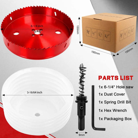 Doaho 6-1/4 inch hole saw with dust bowl; red bi-metal tool with dust cover, drill bit, hex wrench and packaging box.