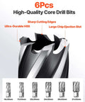 Front view: six-piece set of high-quality metal core drill bits, sizes 14x30mm–27x30mm.
