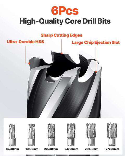 Front view: six-piece set of high-quality metal core drill bits, sizes 14x30mm–27x30mm.