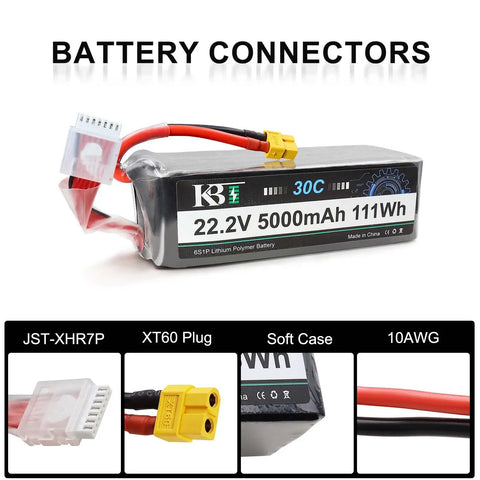 Six-Cell 5000mAh LiPo Battery High Discharge Soft Pack 22.2V 30C Rechargeable Lithium Polymer With XT60 Connector