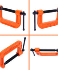 Heavy Duty Malleable Iron C Clamp Set Three Piece With 1 Inch 2 Inch And 3 Inch Jaw Openings Built For Woodworking Metalworking And Quick Home Repairs That Just Works - closeup of clamps with orange gloss finish