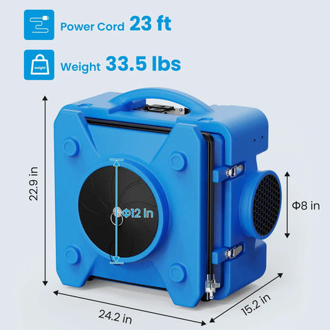 Shield-550 Air Scrubber 550 CFM With 3-Stage Filtration, Negative Air Machine dimensions and features illustration