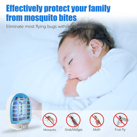 Indoor Bug Zapper With Blue Lights And Safe Design Ultra Effective Electronic Fly Trap Insect Killer For Living Room Home Kitchen Bedroom Baby Room And Office Two Pack shown near a sleeping baby, highlighting effective insect control for safe environments.