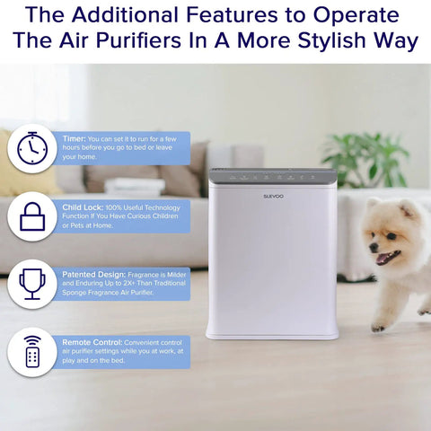 Slevoo air purifier in room with BS-14 Air Purifier Filter Replacement 3-In-1 True HEPA Filter With Smart Filter Change Reminder features