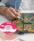 Person using Solder Wick Braid 10ft Desoldering Wick Braid Set No Clean Soldering Wick Wire Roll for PCB repair with copper braid.