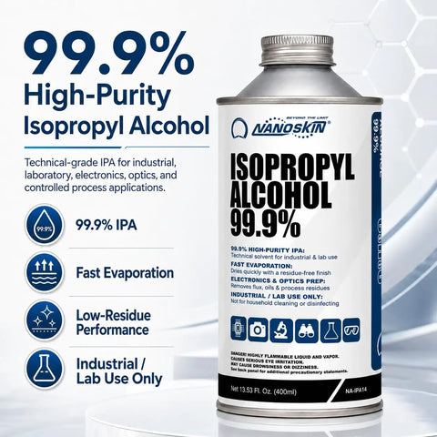 Industrial Grade Isopropyl Alcohol 99.9 percent IPA, Pro Grade Cleaning Solvent for Lab and Industrial Use, Fast Evaporating Low Residue Formula, 13.5 Fl Oz 400 mL, Single Pack can on white background