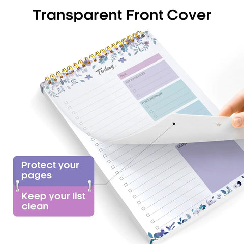 To Do List Notepad For Work And Home, Undated Daily Planner With 52 Sheets, 9.8 By 6.5 Inches, transparent front cover detail