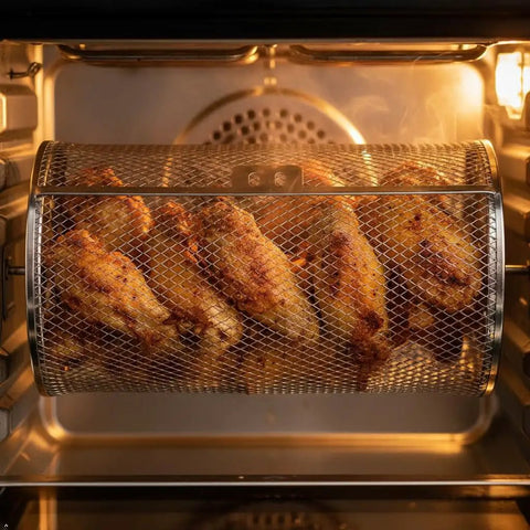 Badass Rotisserie Drum Basket Mesh Cage For Backyard Grills And Home Ovens Fits Standard One Quarter Inch Shaft with chicken wings.