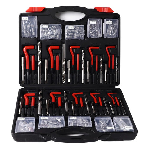 261Pcs Thread Repair Kit With Self Tapping Inserts And Drill Bit Set Pro Grade Rugged HSS 4241 304 Stainless Steel For Automotive Switch Equipment Multiple Pieces Included, open case with inserts and tools