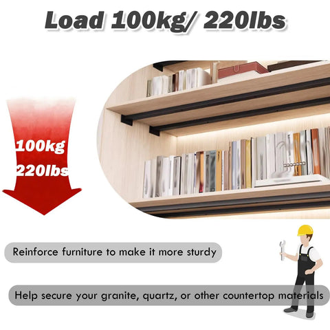 Heavy Duty Wall Mount Shelf Brackets With Closet Rod Support Built Tough Garage Laundry Kitchen Counters Rugged 220 LBS Load Capacity 6 Pack 68 Inches with books on wooden shelves.