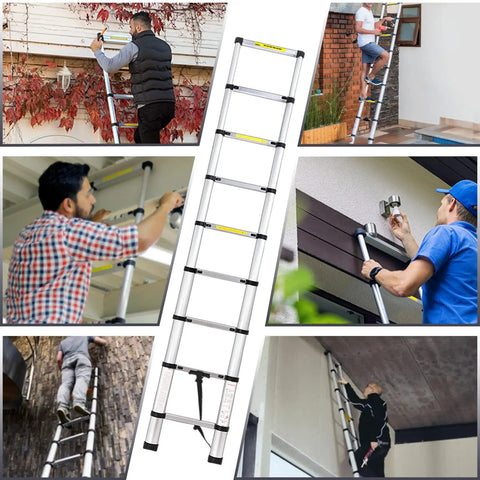 8.5ft Collapsible Telescoping Ladder With Locking Mechanism, Portable Aluminum Extension Ladder in various uses on a jobsite.