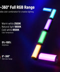 Magnetic Handheld RGB Light Wand With 360 Degree Color tubes showcasing full RGB range, dimmable from 2500K to 8500K for photography.