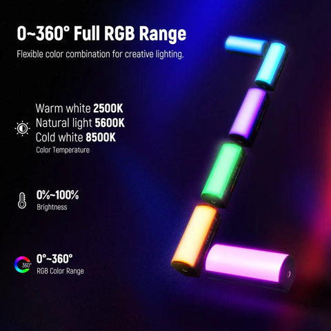 Magnetic Handheld RGB Light Wand With 360 Degree Color tubes showcasing full RGB range, dimmable from 2500K to 8500K for photography.