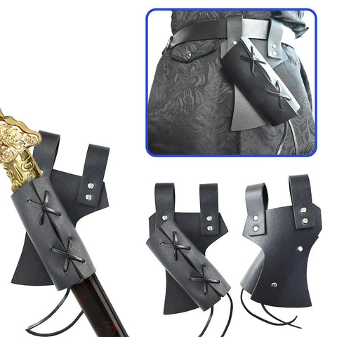 Dope Medieval Knight Leather Costume Set For Men sword frog harness in PU leather, close-up view with intricate lace design.