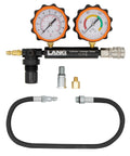 Lang Tools CLT-2 cylinder leakage tester with dual orange gauges, black body, and hose assembly