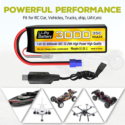2S 7.4V 3000mAh 35C LiPo Battery With EC3 Plug And USB Charger For RC Cars Trucks Boats Drones FPV Quadcopters And Aircraft