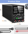 4 In 1 Dual DC Bench Power Supply With 30V 10A Or 60V 10A In Series Or 30V 20A In Parallel Plus 5V 2A USB Port with dimensions shown