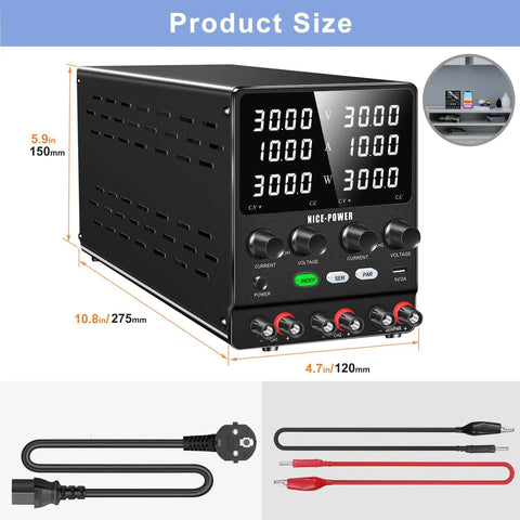 4 In 1 Dual DC Bench Power Supply With 30V 10A Or 60V 10A In Series Or 30V 20A In Parallel Plus 5V 2A USB Port with dimensions shown
