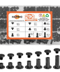 145 Sets Chicago Screws For Leather In Black Gunmetal Finish with assorted sizes in a clear box