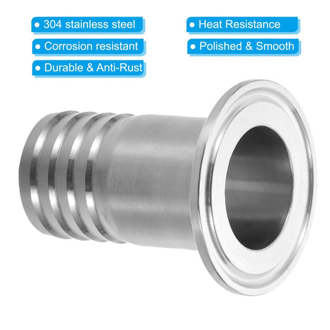 Side view of sanitary stainless steel 1.5in tri-clamp to 1-1/4in hose barb adapter
