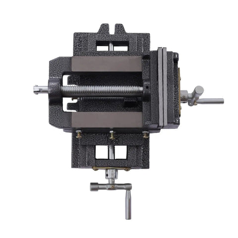 5 Inch Cross Slide Drill Press Vise With X Y Compound Bench Vise For Milling And Metalworking Heavy Duty Bi Directional 2 Way Slide Clamp And Precision Scale For Accurate Trajectory Adjustments. front view cast iron cross slide vise with jaws and handles