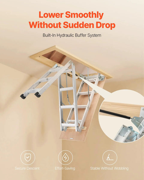 Aluminum Attic Ladder Foldable With Adjustable Heights For 7.66 To 10.3 Foot Ceilings, 54 By 22.5 Inch Opening, 375 Lb Load Capacity, hydraulic buffer system