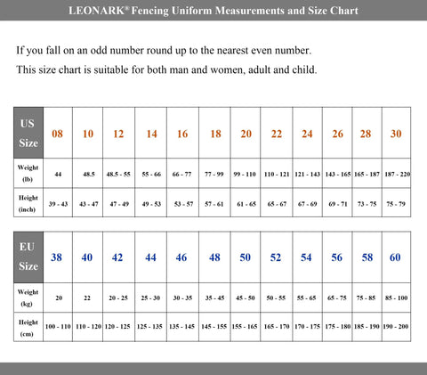 LEONARK Fencing Uniform Measurements and Size Chart for 350N Fencing Uniform Full Set Pants Jacket Vest For Foil Epee Saber White