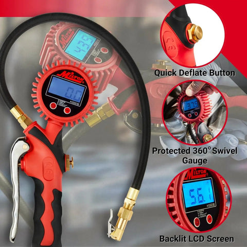 Heavy-Duty Digital Tire Pressure Gauge With Inflator, Clip-On Chuck, 20 Inch Air Hose, Easy Read 0.1 PSI Display, Pistol Grip, Pro Grade Build, 255 PSI Max, 1/4 Inch NPT, Made In USA, red digital gauge with hose
