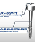 Zinc Pocket Hole Screws 1 Inch Coarse Thread Pan Head Indoor Use 100 Count Pack showing square drive and case-hardened steel features.