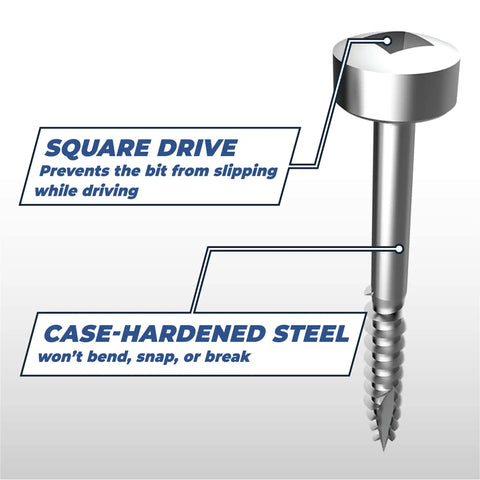 Zinc Pocket Hole Screws 1 Inch Coarse Thread Pan Head for Woodshop and Cabinetry Indoor Projects 250 Count Pack Great for Softwood Plywood and Furniture Assembly, showing square drive and case-hardened steel features