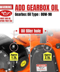 Image showing gearbox oil type warning for 90 Inch Heavy Duty Rotary Tiller With Gear Drive And Pto Shaft Included, 3 Point Hitch Cat 2.