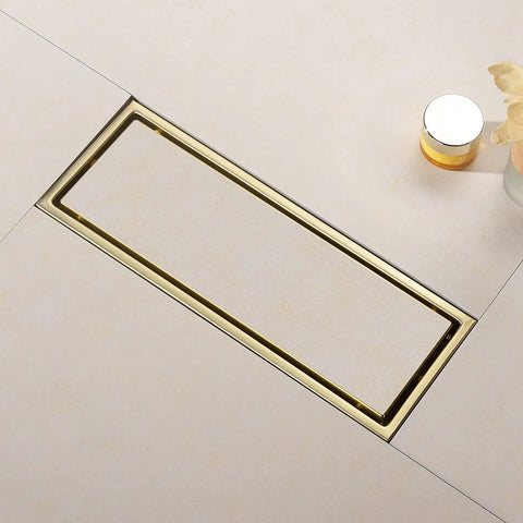 12 Inch Brushed Gold Shower Drain With Tile Insert Grille Detachable Hidden Cover SUS304 Stainless Steel Rectangular Floor Drain High Flow Hubless Easy Clean No Fuss
