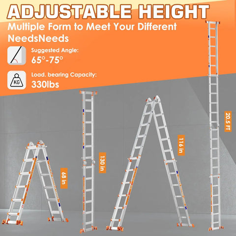 Heavy Duty 20ft A Frame Extension Ladder With Stabilizer Bar And Wheels, adjustable aluminum ladder shown in multiple positions