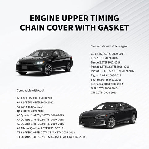 Engine Timing Chain Cover With Gasket for VW Audi 1.8T 2.0T models, car compatibility list, images of compatible cars