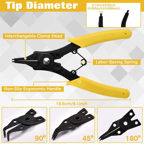 4-in-1 micro snap ring pliers from All In One C-Clip And E-Clip Kit With 1036 Pieces, featuring interchangeable jaws and ergonomic handle.