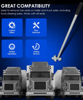 Heavy Duty Hub Oil Seal Remover Tool for Trailers and Trucks shown with icons of compatibility features, trucks in background