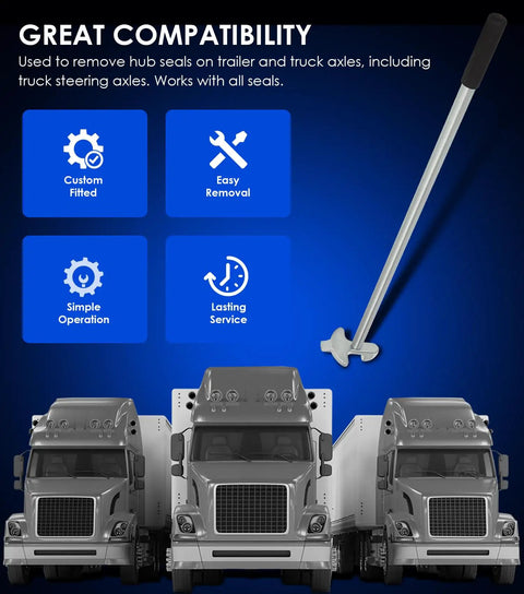 Heavy Duty Hub Oil Seal Remover Tool for Trailers and Trucks shown with icons of compatibility features, trucks in background